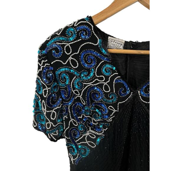 Stenay Silk Blue Sequin 80’s Black and Blue‎ Cocktail Dress Size 14 - Picture 11 of 12